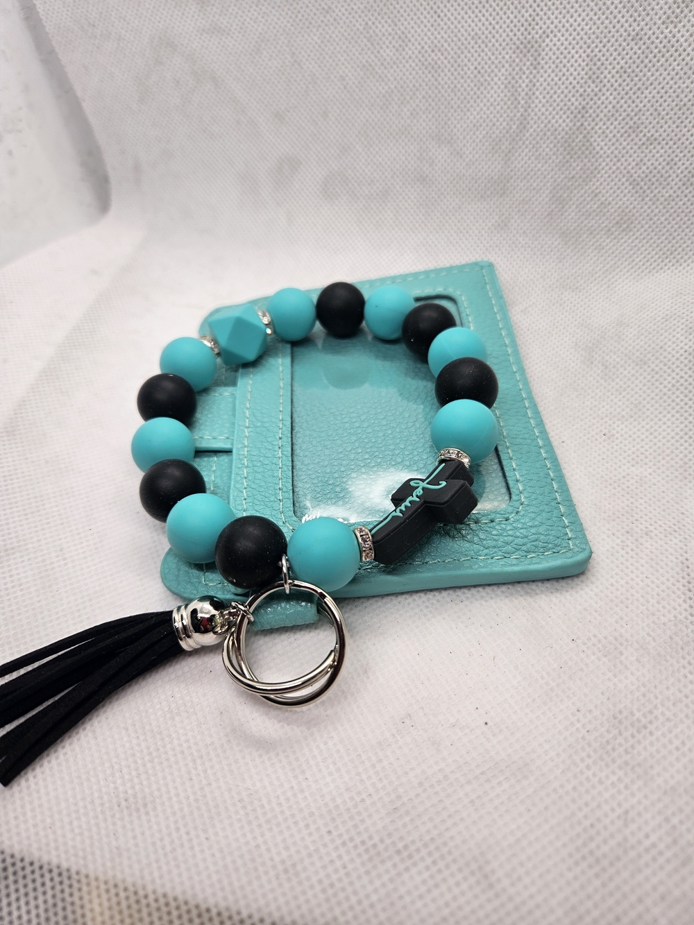 Turquoise & Black Beaded Wristlet Key Holder with Tassel